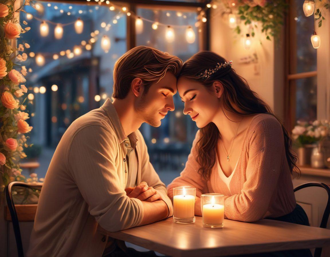 A loving couple sharing a meaningful conversation at a cozy, candle-lit café. Their eyes are locked, hands interlinked, with a backdrop of soft fairy lights and blooming flowers. Shadows and light interplay to accentuate their bond. Illustration style: semi-realistic with warm, inviting colors.