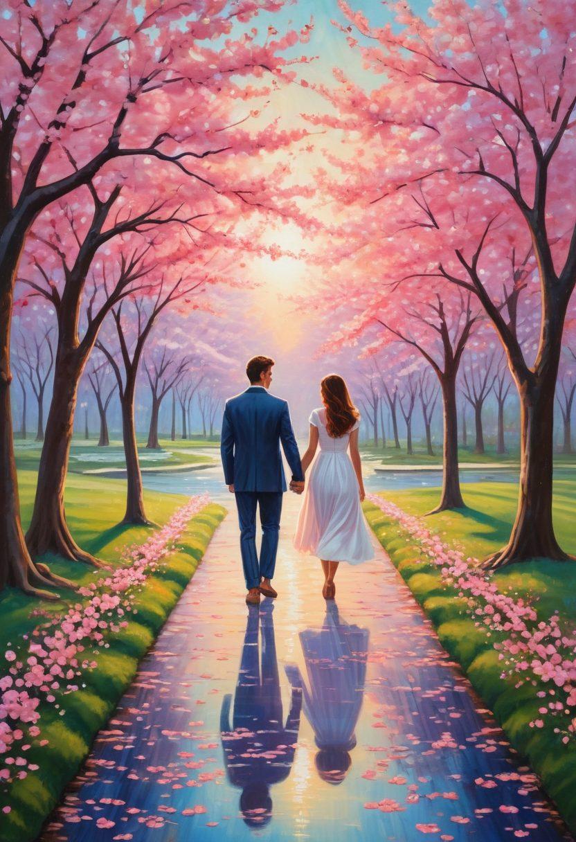 A romantic couple walking hand-in-hand through a serene park, with delicate cherry blossoms surrounding them, symbolizing the blossoming of their relationship. A glowing path ahead signifies their journey towards a deeper commitment, with subtle heart-shaped elements in the background. painting. vibrant colors. dreamy atmosphere.