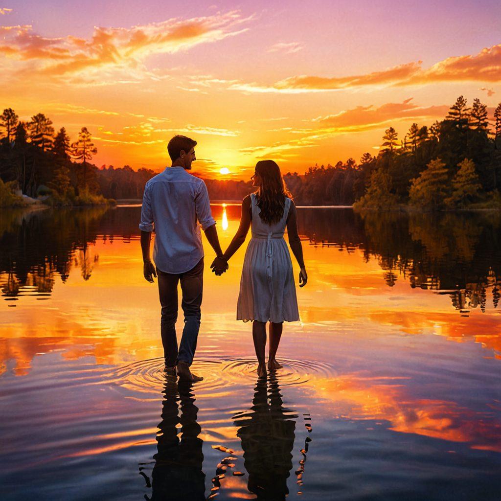 A loving couple holding hands, their faces filled with joy and trust, surrounded by a warm, glowing aura. In the background, a serene sunset casts a golden light over a tranquil lake, emphasizing harmony and connection. super-realistic. vibrant colors. gentle and romantic atmosphere.